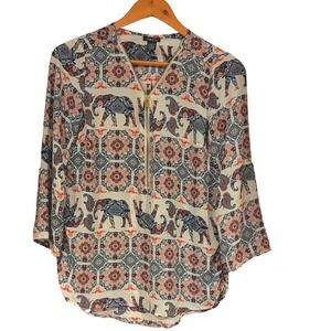 Rue 21 Elephant Mandala Print Zipper Neck 3/4 Sleeve Blouse‎ Top Womens S